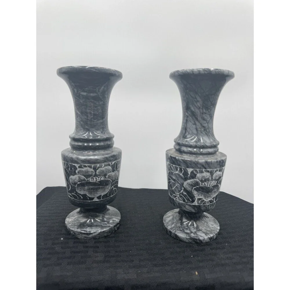 Set Of 2 Natural Marble, Etched Vase